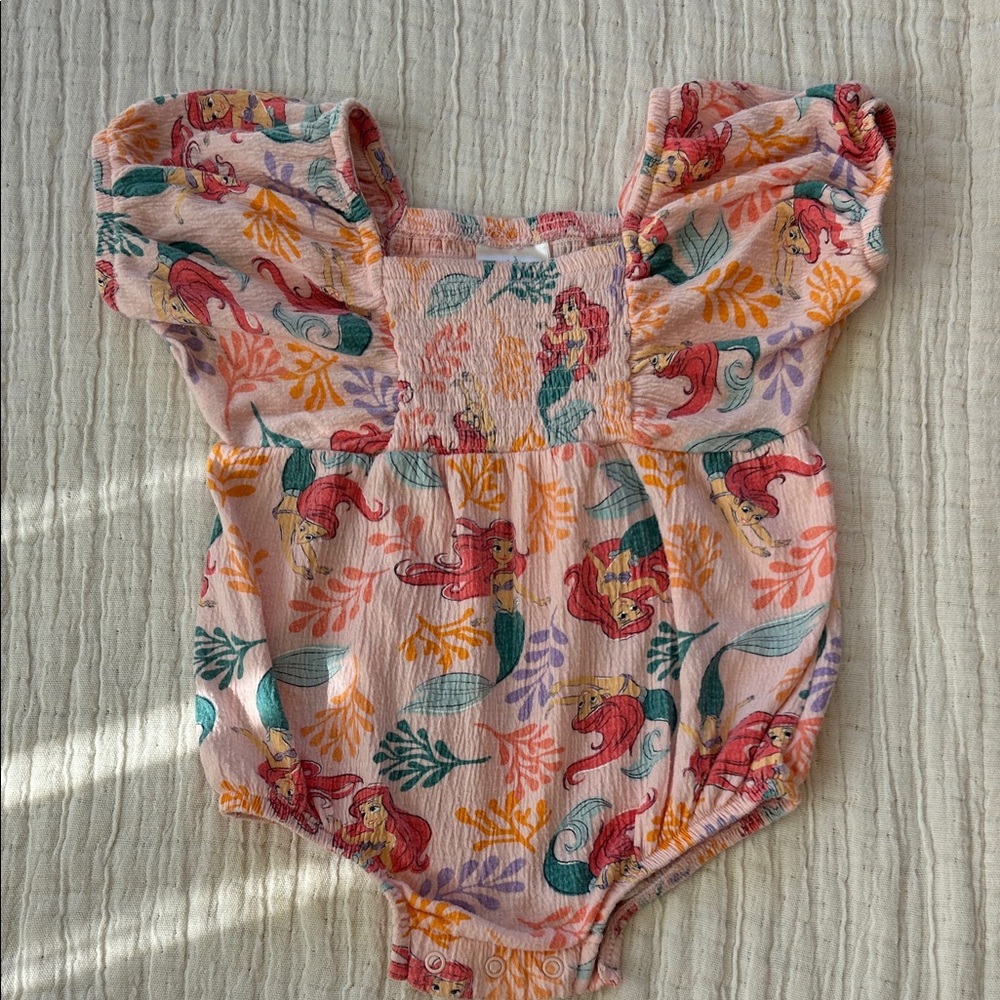 Disney Baby Little Mermaid Light Pink Textured Romper with Multicolor Trim